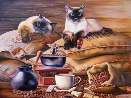 Картина по номерам 40x50 Кошки тоже любят кофе и шоколад