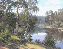 Пейзаж с густым лесом и рекой