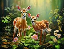 Два оленёнка в лесу