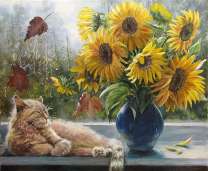 Картина по номерам Номерашка (Paintboy) «Подсолнухи в синей вазе возле кота»