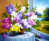 Цветы на столе у окна