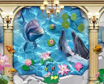 Три дельфина среди колонн и цветов