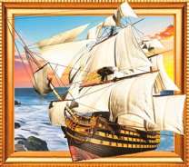 Большой старинный корабль у каменного берега