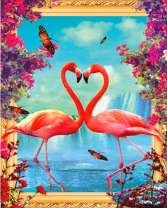 Влюбленные фламинго на фоне водопадов