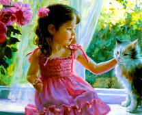 Девочка играет с кошкой на окне