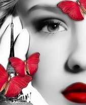 Девушка, красные бабочки и Эйфелева башня