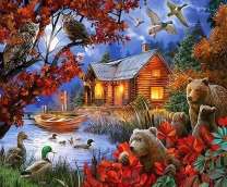 Семья медведей в лесу у озера