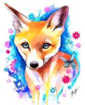 Лисенок в ярких цветах с бабочкой