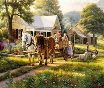 Телега с парой лошадей в деревне