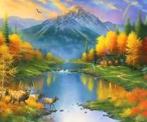 Олени переходят реку в осеннем лесу в горах