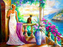 Женщина с кошкой на террасе у моря