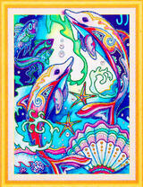 Дельфины, рыбы, ракушки и морские звезды под водой