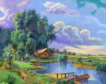 Рыбацкий домик, лодка, речка