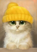 Белый котёнок в желтой шапочке
