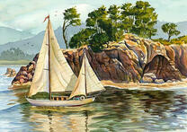 Парусная лодка у скалистого мыса