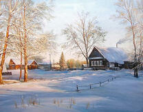 Зимнее утро в заснеженной деревне