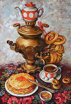 Чай, самовар и блины с икрой