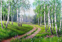 Дорога через весеннюю березовую рощу