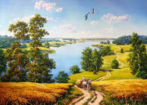 Крестьянин на лошадке везет урожай