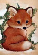 Милый лисёнок под заснеженной елью