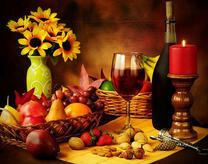 Натюрморт из вина, фруктов и орехов