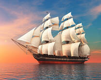 Черно-красный корабль с белыми парусами