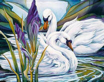 Лебеди на озере и цветы