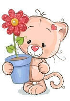 Котёнок с цветком в горшочке