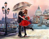 Поцелуй под большим зонтом в Венеции