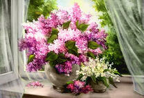 Букет из сирени и колокольчиков на окне