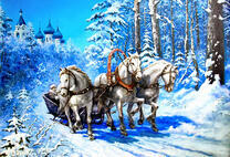 Сани с тремя белыми лошадьми