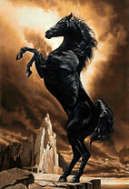 Большой черный конь на скале