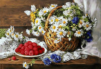 Малинка и корзина с букетом ромашек