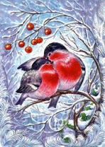 Два снегиря на веточке рябины