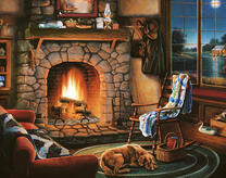 Камин в комнате с видом на озеро