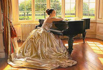 Невеста в свадебном платье и черный рояль