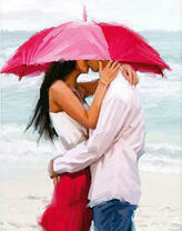 Поцелуй на пляже под красным зонтиком