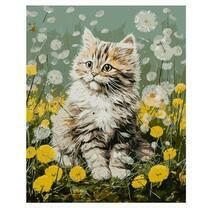 Полосатый пушистый котёнок в одуванчиках