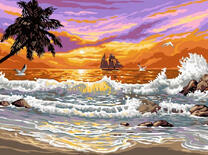 Парусный корабль у острова с волнами