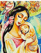 Мать с ребёнком среди цветов и птиц