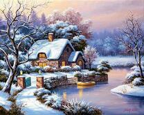 Зимняя река и деревня в снегу