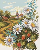 Ромашки с земляникой на фоне деревни