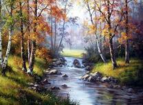 Ручей в березовой роще осенью