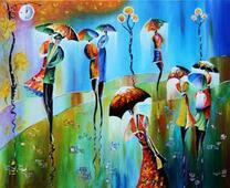 Осенняя лужайка и пары под зонтами