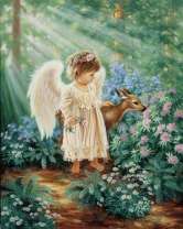 Ангелочек в лесу с олененком