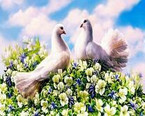 Пара голубей на весенних цветах