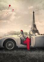 Девушка и красный спорткар в Париже