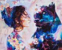 Девушка и пантера с цветами