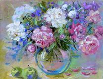 Картина маслом. Букет и яблоко