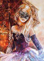 Девушка с зонтом в карнавальной маске